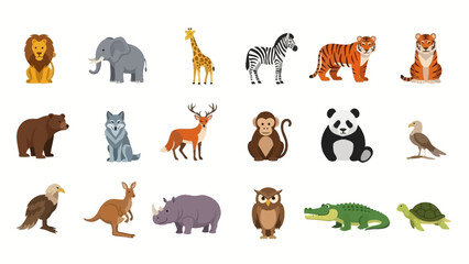 Fototapeta premium A vibrant collection of diverse wild animals, including lions, elephants, giraffes, zebras, tigers, and more, presented in a clear, colorful illustration.