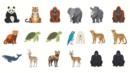 Obraz premium A diverse collection of wild animals, including endangered species like pandas, tigers, elephants, rhinos, and gorillas, depicted in a flat vector style.
