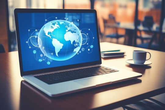 Laptop displaying a glowing globe and connectivity lines, symbolizing global communication - Powered by Adobe