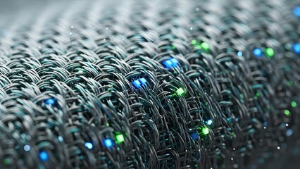 Close-up of futuristic metallic mesh with glowing blue and green lights. high-tech smart fabric that harvests kinetic energy