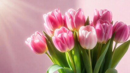 Fototapeta premium Pink Tulip Bouquet on Pastel Pink Background – Spring Flowers Flat Lay Celebration Concept