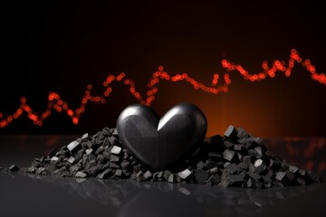 Black heart symbolizing financial stress resting on coal pieces with a red line chart