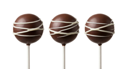 Three Chocolate Cake Pops with White Drizzle on White Background