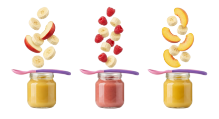 Healthy Baby Food Jars with Fresh Fruit Falling, Isolated