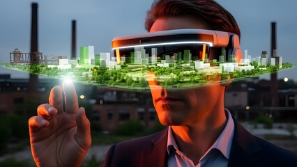 Businessman in suit wearing futuristic VR headset with cityscape