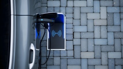 Electric car charging with wireless charging technology on gray brick wall