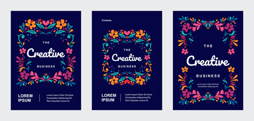 Postmodern vector illustrations with pattern background, set of abstract posters symbol, colorful floral frame modern decorative folk art style, vertical vibrant flowers, leaves, ornament symmetric