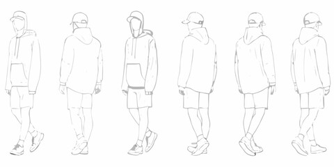 Line art illustration of a person wearing a hooded outfit from multiple angles