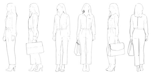 Fashion illustration of women in various outfits with handbags and heels