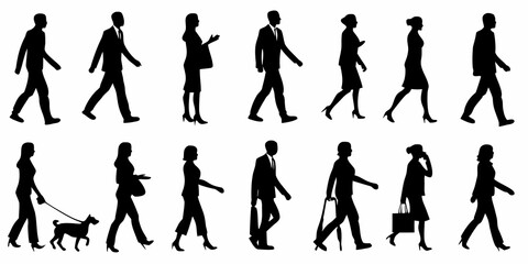 Obraz premium Silhouettes of people walking in various poses and outfits representing movement