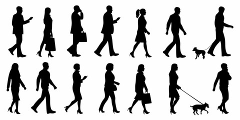 Obraz premium Silhouettes of people walking with varying poses and including pets