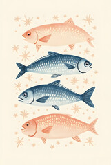 Obraz premium A delightful watercolor illustration features four sardines in shades of blue and peach