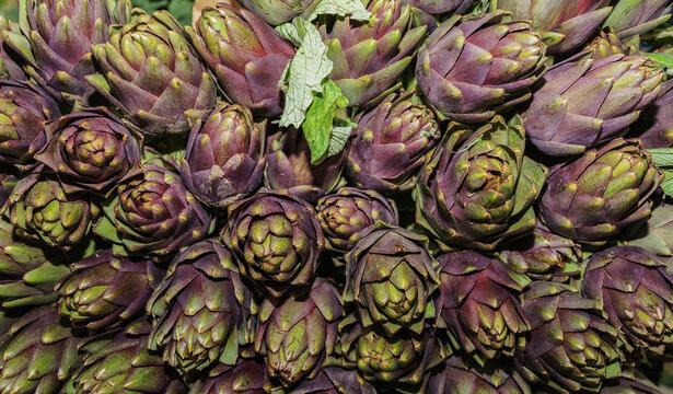 Chivasso, Piedmont, Italy - November 15, 2025: Artichokes for sale at the food market.