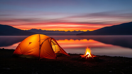 Lakeside camping at sunset with an illuminated tent and warm campfire reflecting the vibrant sky on calm water, capturing a serene outdoor adventure