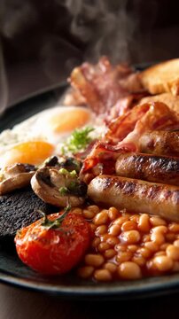 Mouthwatering Full English Breakfast Freshly Cooked Hearty Meal. Crispy Bacon, Fried Egg, Savory Sausage, Baked Bean, Grilled Tomato. Delicious Food with Hot Steam, Comforting