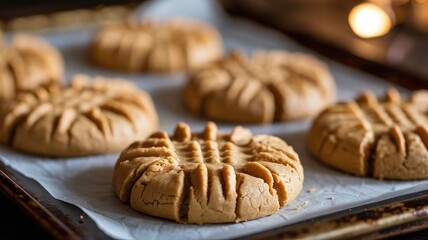 Freshly Baked Peanut Butter Cookies on Tray, Warm and Inviting, Perfect for Dessert