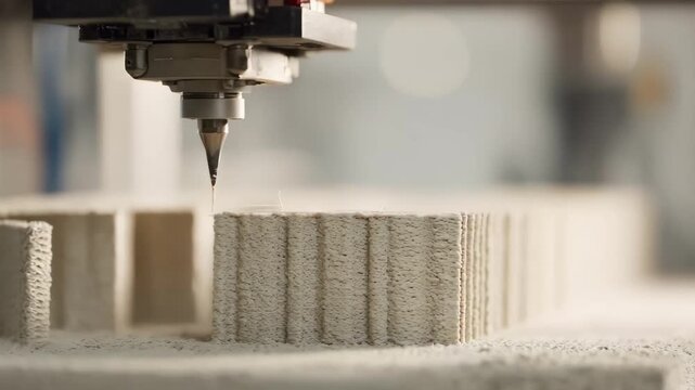 Closeup medium shot of building materials being precisely deposited by a 3D printer for scalable prototype development in construction projects.