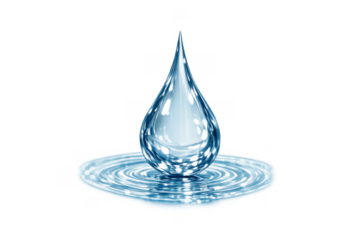 Water drop falling into pool, creating ripples and splashes, representing purity, hydration, and freshness on transparent background