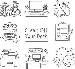 Desk cleaning icons set. Workspace organization outline collection.