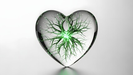 Glowing green neuron network inside heart symbol on gray background