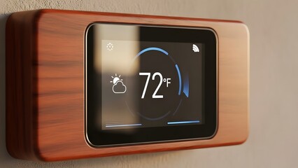 Smart home thermostat with modern touchscreen interface displaying 72 degrees Fahrenheit temperature setting on wall