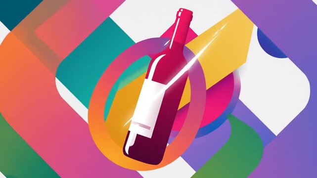 Vibrant vector illustration featuring a sleek bottle of premium wine set against an abstract multicolored background with dynamic geometric shape and bright artistic color gradient