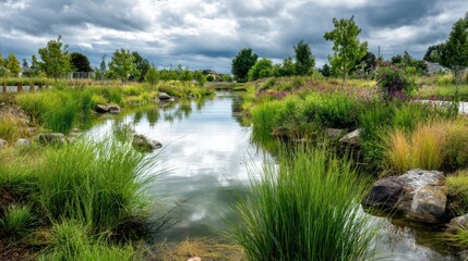 Obraz premium Dynamic view of a retention pond with lush vegetation controlling stormwater and preventing urban flooding.