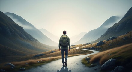 Solo Explorer Walking on Mountain Path Travel Concept