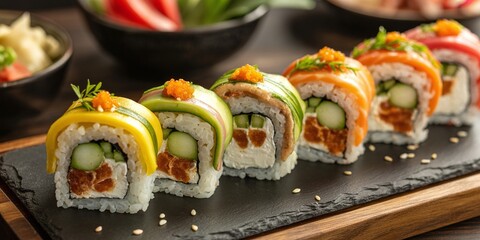 Gourmet Sushi Roll Assortment on Dark Slate Tray with Fresh Ingredients