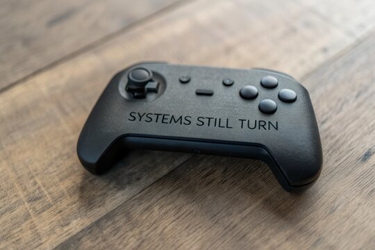 Black gaming controller with engraved text on wooden surface - Powered by Adobe