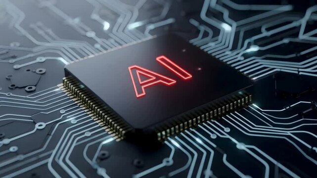 AI powered processor chip animation video on digital circuit board, intelligent semiconductor computing technology, machine learning performance and modern electronics background