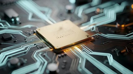 Advanced semiconductor processor animation video with glowing chip on electronic circuit board, high speed computing technology, digital data processing and modern hardware background - Powered by Adobe