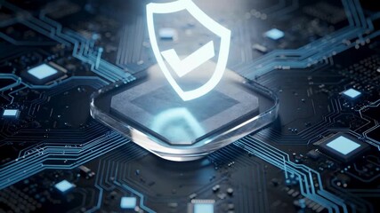 Secure ai data protection animation video with digital shield on processor chip, advanced cybersecurity technology, encrypted computing systems and modern network security background