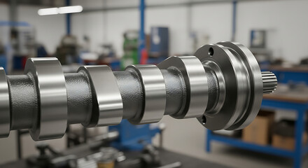 Crankshaft machinery in an industrial workshop setting with metal equipment and blue shelving units