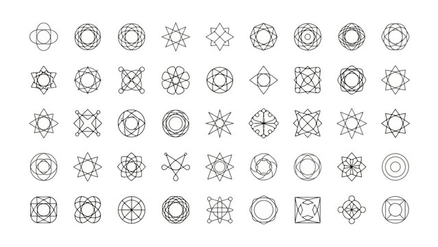 A collection of 49 geometric abstract ornamental symbols and icons in a grid layout.