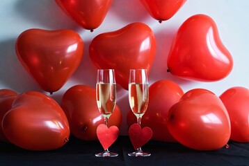 Valentine&rsquo;s Day Love Concept with Champagne Glasses and Red Hearts on Black Background.