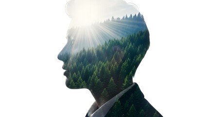 Man with forest landscape inside head under bright sunlight