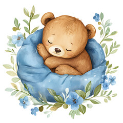Sleeping Baby Bear in Blue Blanket