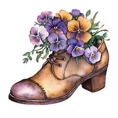 Vintage brown shoe adorned with pansies
