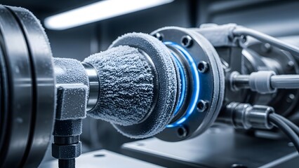 Close-up of industrial machinery with frosty metallic components and blue accents