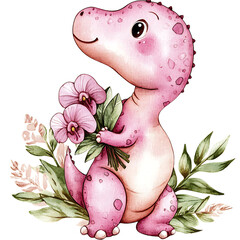 Pink dinosaur with orchid bouquet sitting