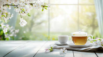 A cup of herbal tea sits on a white table next to a window with blossoming branches, creating a tranquil sp morning atmosphere inside the room.