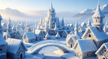 Snowy fantasy village with bridge and castle in winter landscape with mountains with architecture and houses and buildings and roofs and ice