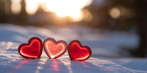 Three Red Heart-Shaped Ornaments in Snow at Sunset