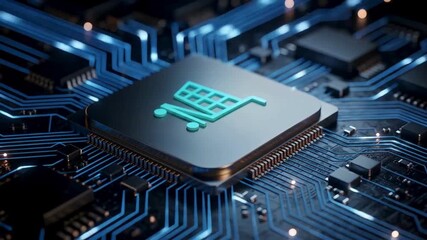 Smart ai processor chip animation video on advanced circuit board, intelligent semiconductor computing technology, machine learning performance and modern digital electronics background