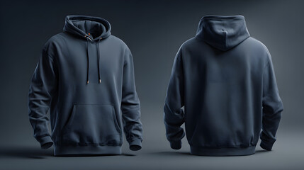 Navy blue hoodie sweatshirt mockup template featuring front and back views on a dark grey background