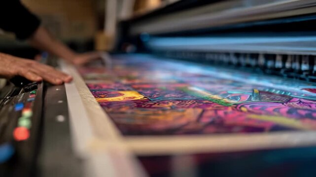 Closeup medium shot of a digital operator adjusting color settings on a large format printer as it prints a vivid mural design on wide vinyl sheets.