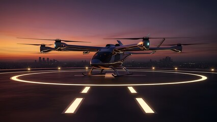 Futuristic eVTOL aircraft on illuminated helipad at sunset