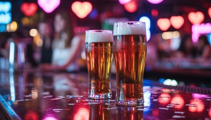 Vibrant Bar Scene with Two Glasses of Beer under Neon Lights""
