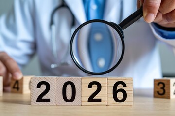 Analyzing Future Trends: Medical Professional Examines 2026 with Magnifying Glass